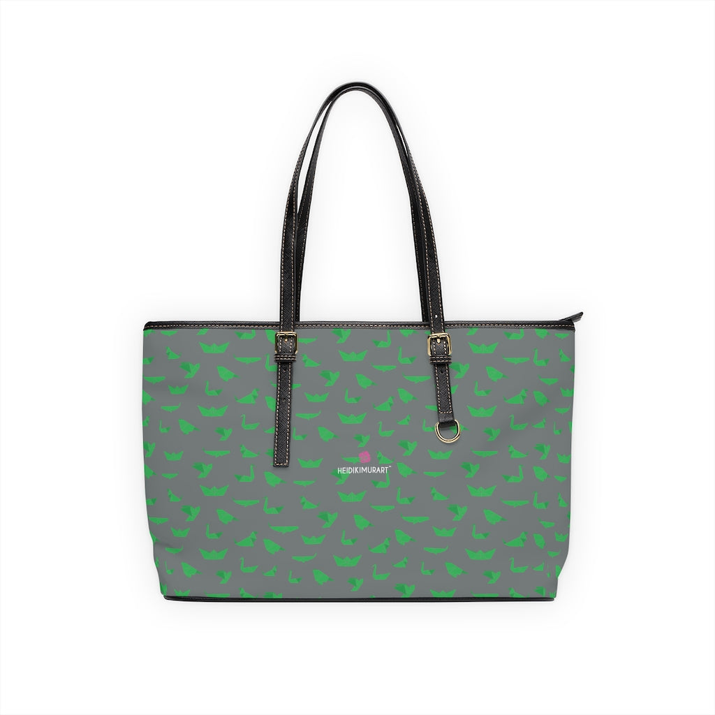 Gray Crane Print Tote Bag, Best Stylish Fashionable Printed PU Leather Shoulder Large Spacious Durable Hand Work Bag 17"x11"/ 16"x10" With Gold-Color Zippers & Buckles & Mobile Phone Slots & Inner Pockets, All Day Large Tote Luxury Best Sleek and Sophisticated Cute Work Shoulder Bag For Women With Outside And Inner Zippers
