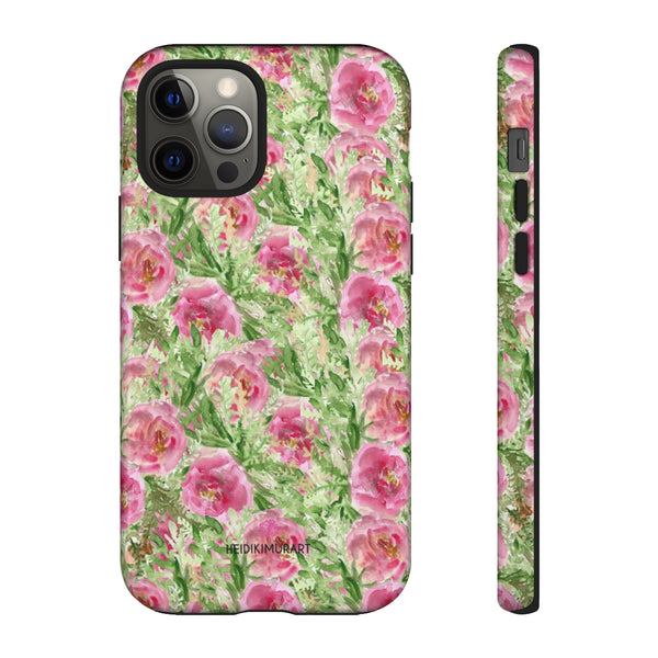 Rose Pink Floral Phone Case, Green And Pink Garden Rose Flower Print Best Designer Art Designer Case Mate Best Tough Phone Case For iPhones and Samsung Galaxy Devices-Made in USA