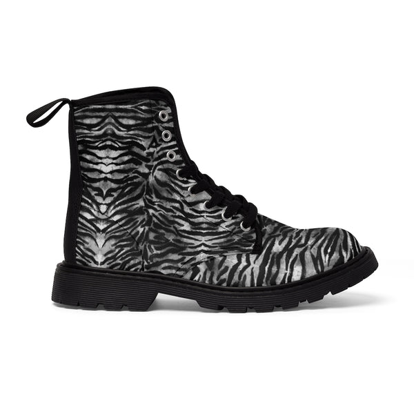 Grey Tiger Men's Canvas Boots, Gray Tiger Striped Animal Print Best Men's Footwear Hiking Boots