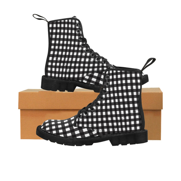 Buffalo Plaid Women's Canvas Boots, Black White Plaid Print Winter Boots For Ladies-Shoes-Printify-Black-US 8.5-Heidi Kimura Art LLC