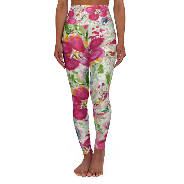 Pink Flower Tights, Floral High Waisted Yoga Leggings, Rose Flower Print Modern Best Ladies High Waisted Skinny Fit Yoga Leggings With Double Layer Elastic Comfortable Waistband, Premium Quality Best Stretchy Long Yoga Pants For Women-Made in USA (US Size: XS-2XL)