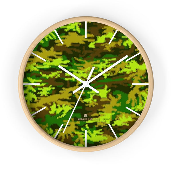Bright Green Camo Camouflage Military Army Print Large Unique Wall Clocks- Made in USA-Wall Clock-10 in-Wooden-White-Heidi Kimura Art LLC