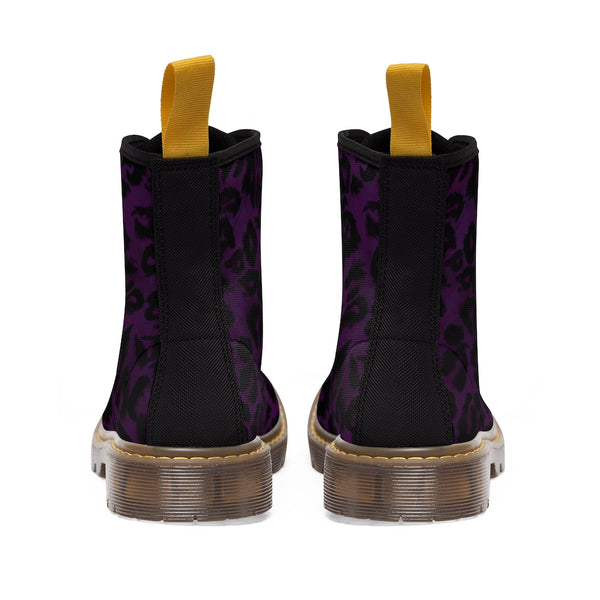 Purple Leopard Men Hiker Boots, Designer Animal Print Best Laced Up Men's Canvas Boots