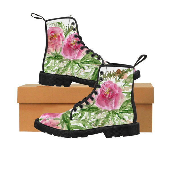 Pink Floral Print Women's Boots, Best Flower Rose Printed Elegant Feminine Casual Fashion Gifts, Flower Rose Print Shoe, Combat Boots, Designer Women's Winter Lace-up Toe Cap Hiking Boots Shoes For Women (US Size 6.5-11)