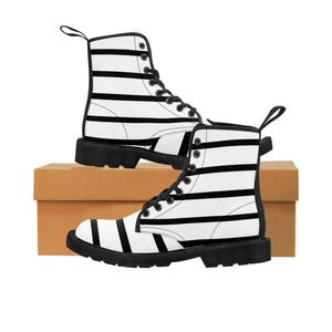 Women's Canvas Boots-Shoes-Printify-Black-US 9-Heidi Kimura Art LLC Striped Women's Canvas Boots, Modern White Black Stripes Printed Fashion Boots For Ladies, Modern Vertical Stripes Striped Modern Modern Essential Casual Fashion Hiking Boots, Canvas Hiker's Shoes For Mountain Lovers, Stylish Premium Combat Boots, Designer Women's Winter Lace-up Toe Cap Hiking Boots Shoes For Women (US Size 6.5-11)