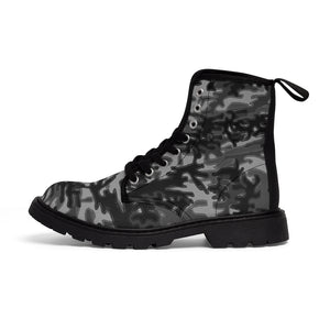 Grey Camo Men's Boots, Gray Black Camouflage Camo Military Combat Work Hunting Boots, Anti Heat + Moisture Designer Men's Winter Boots Hiking Shoes (US Size: 7-10.5)