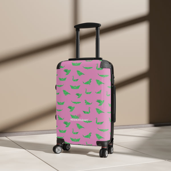 Pink Green Crane Cabin Suitcase, Japanese Style Designer Carry On Polycarbonate Front and Hard-Shell Durable Small 1-Size Carry-on Luggage With 2 Inner Pockets & Built in Lock With 4 Wheel 360° Swivel and Adjustable Telescopic Handle - Made in USA/UK (Size: 13.3" x 22.4" x 9.05", Weight: 7.5 lb) Unique Cute Carry-On Best Personal Travel Bag Custom Luggage - Gift For Him or Her 