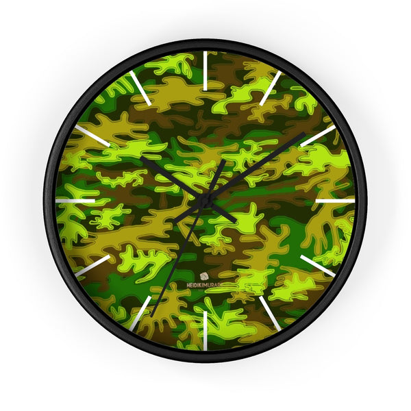 Bright Green Camo Camouflage Military Army Print Large Unique Wall Clocks- Made in USA-Wall Clock-10 in-Black-Black-Heidi Kimura Art LLC