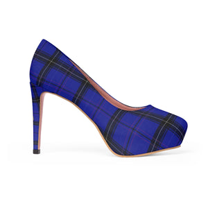 Dark Blue Tartan Scottish Plaid Print Women's Platform Heels Pumps (US Size: 5-11)-4 inch Heels-US 7-Heidi Kimura Art LLC