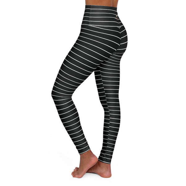 Black Striped Tights, High Waisted Yoga Leggings, Black White Stripes Women's Tights - Made in USA-All Over Prints-Printify-XS-Heidi Kimura Art LLC