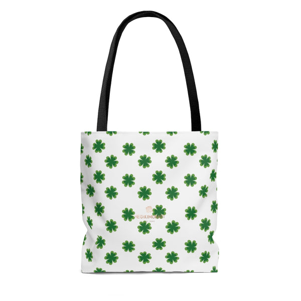 White Green 4 Leaf Lucky Clover Print St. Patrick's Day Irish Style Tote Bag- Made in USA-Tote Bag-Heidi Kimura Art LLC