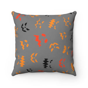 Pumpkin Face Gray Spooky Halloween Premium Spun Polyester Square Pillow-Made in USA-Pillow-14" x 14"-Heidi Kimura Art LLC