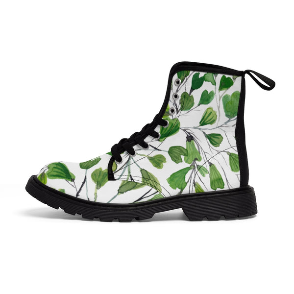 Green Maidenhair Women's Canvas Boots, Tropical Fern Print Winter Boots For Ladies-Shoes-Printify-Heidi Kimura Art LLC Green Maidenhair Women's Canvas Boots, Tropical Fern Print Designer Women's Winter Lace-up Toe Cap Boots Shoes For Women   (US Size 6.5-11)