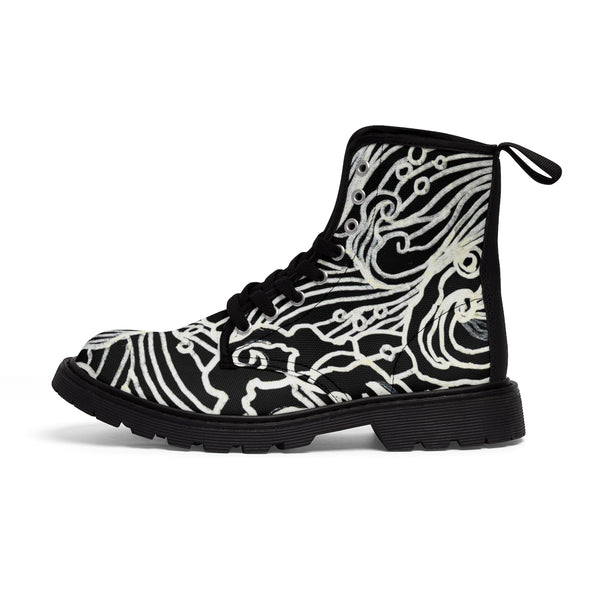 Black Japanese Curvy Waves Pattern Designer Women's Winter Lace-up Toe Cap Boots-Women's Boots-Heidi Kimura Art LLC