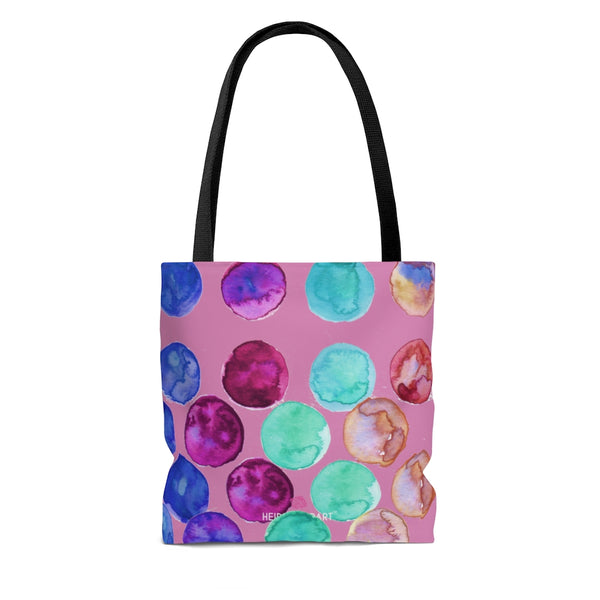 Pink Watercolor Dots Tote Bag, Abstract Watercolor Dotted Print Designer Colorful Square 13"x13", 16"x16", 18"x18" Premium Quality Market Tote Bag - Made in USA
