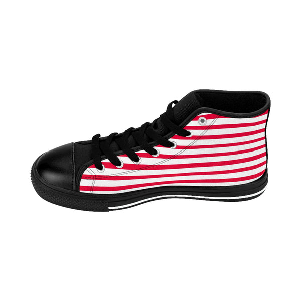 Red Striped Men's High-top Sneakers, Red White Modern Stripes Men's High Tops, High Top Striped Sneakers, Striped Casual Men's High Top For Sale, Fashionable Designer Men's Fashion High Top Sneakers, Tennis Running Shoes (US Size: 6-14)