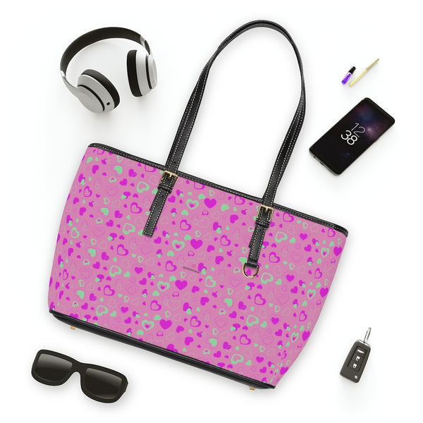 Pink Hearts Print Tote Bag, PU Leather Shoulder Hand Work Bag