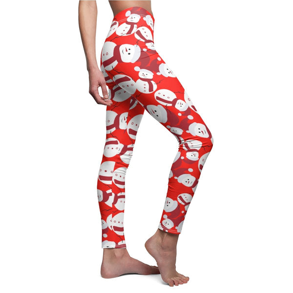 Red Fluffy Happy Cute Snowman Women's Christmas Casual Leggings -Made in USA-Casual Leggings-Heidi Kimura Art LLC
