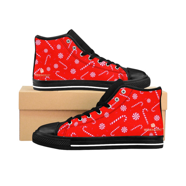 Bright Red Christmas Red White Candy Cane Men's High-Top Sneakers Shoes-Men's High Top Sneakers-Black-US 9-Heidi Kimura Art LLC