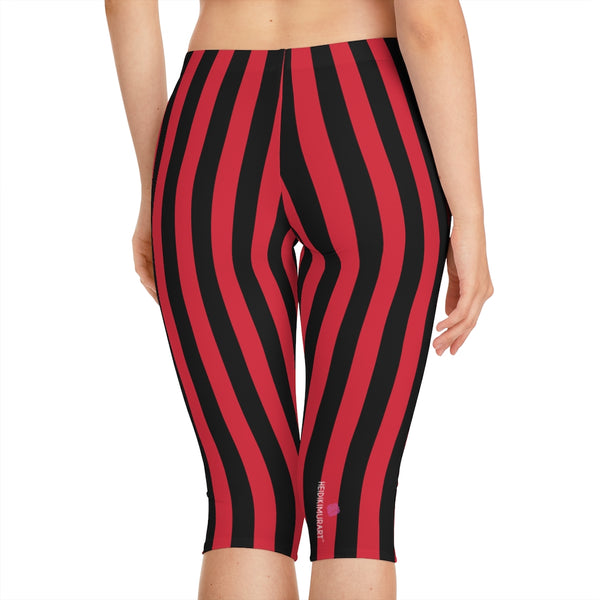 Red Striped Women's Capri Leggings, Modern Red and Black Vertically Striped Print American-Made Best Designer Premium Quality Knee-Length Mid-Waist Fit Knee-Length Polyester Capris Tights-Made in USA (US Size: XS-3XL) Plus Size Available