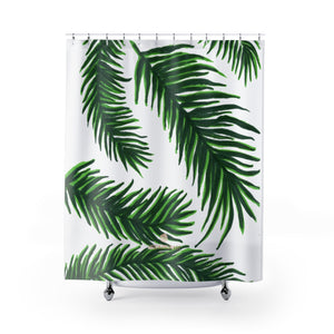 White Green Jungle Style Tropical Palm Tree Leaf Print Shower Curtains- Printed in USA-Shower Curtain-71" x 74"-Heidi Kimura Art LLC White Green Jungle Shower Curtains, Premium and Modern White and Green Tropical Tree Palm Leaf Print Designer Shower Curtains - Printed in USA, Premium Bathroom Shower Curtains, Home Decor, Large 100% Polyester 71x74 inches Shower Curtains, Bathroom Shower Curtains, Jungle Hawaiian Summer Nature Print