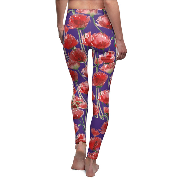 Purple Poppy Floral Casual Tights, Women's Floral Casual Leggings