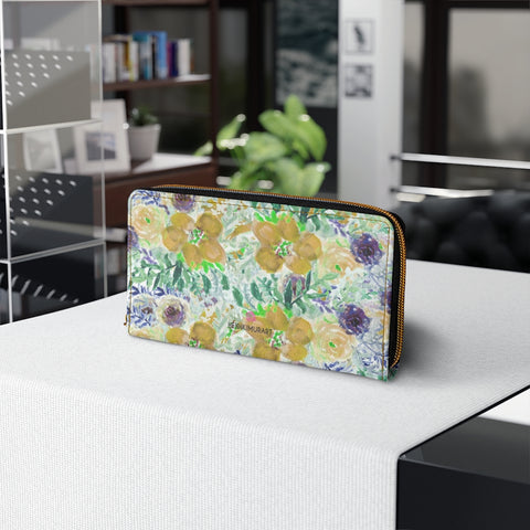 Mixed Floral Rose Zipper Wallet, Yellow Floral Elegant Print Best 7.87" x 4.33" Luxury Cruelty-Free Faux Leather Women's Wallet & Purses Compact High Quality Nylon Zip & Metal Hardware, Luxury Long Wallet Card Cases For Women