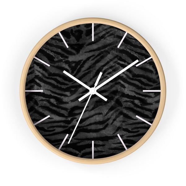 Black Tiger Stripe Wall Clock, Animal Print 10 inch Diameter Indoor Clock-Made in USA-Wall Clock-Wooden-White-Heidi Kimura Art LLC