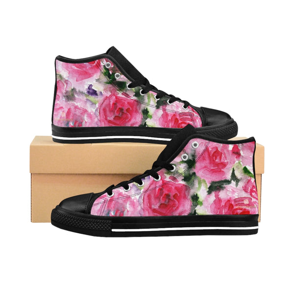 Pink Abstract Men's High-top Sneakers, Rose Floral Print Designer Men's High-top Sneakers Running Tennis Shoes, Floral High Tops, Mens Floral Shoes, Abstract Rose Floral Print Sneakers For Men (US Size: 6-14)