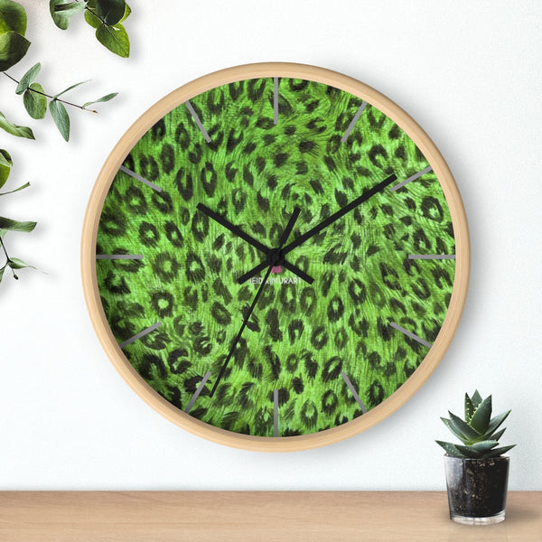 Green Leopard Print Wall Clock,  Numeric 10 inch Diameter Wall Clock, Large Round Wood Girl Children Bedroom Wall Clock