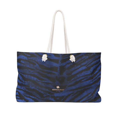 Fierce Navy Blue Tiger Striped Print Oversized Designer 24"x13" Large Weekender Bag-Weekender Bag-24x13-Heidi Kimura Art LLC