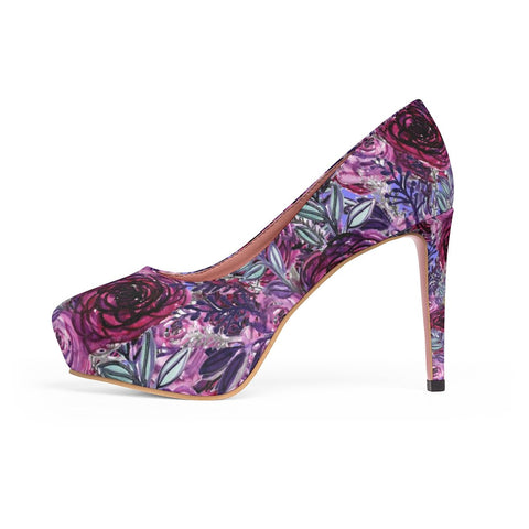 French Red Purple Rose Floral Print Women's Platform Heels Pumps Shoes-4 inch Heels-Heidi Kimura Art LLC