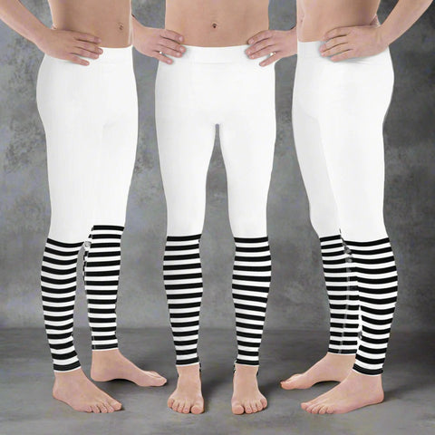 Modern Striped Men's Leggings, White Black Stripes Classic Premium Best Meggings Compression Tights Sexy Meggings Men's Workout Gym Tights Leggings, Men's Compression Tights Pants - Made in USA/ EU/ MX (US Size: XS-3XL) 