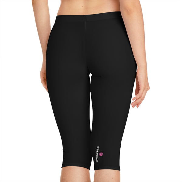 Black Color Women's Capri Leggings, Knee-Length Polyester Capris Tights-Made in USA (US Size: XS-2XL)