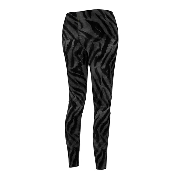 Black Gray Tiger Stripe Animal Print Women's Casual Leggings-Made in USA-Casual Leggings-Heidi Kimura Art LLC