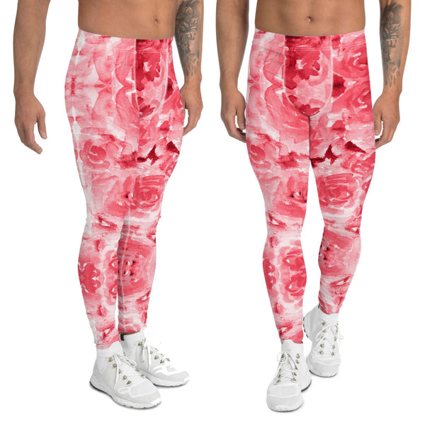 Red Floral Print Men's Leggings, Abstract Rose Meggings Men's Workout Gym Tights Leggings, Men's Compression Tights Pants - Made in USA/ EU (US Size: XS-3XL) 