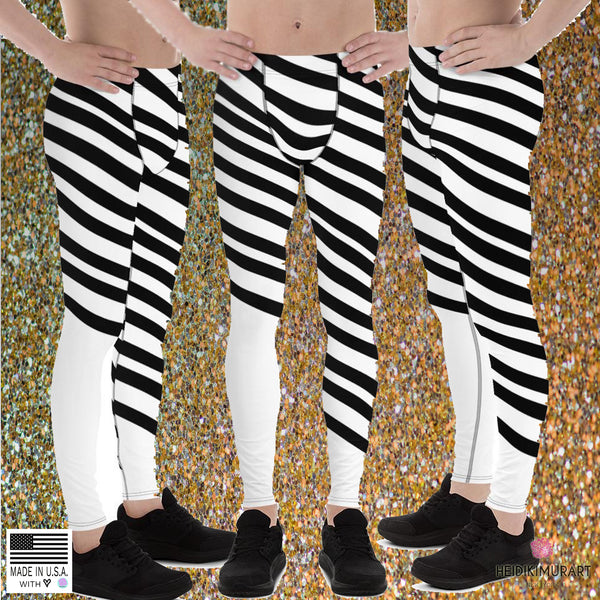 Black White Diagonally Striped Meggings, Men's Running Leggings Tights-Made in USA/EU-Men's Leggings-Heidi Kimura Art LLC