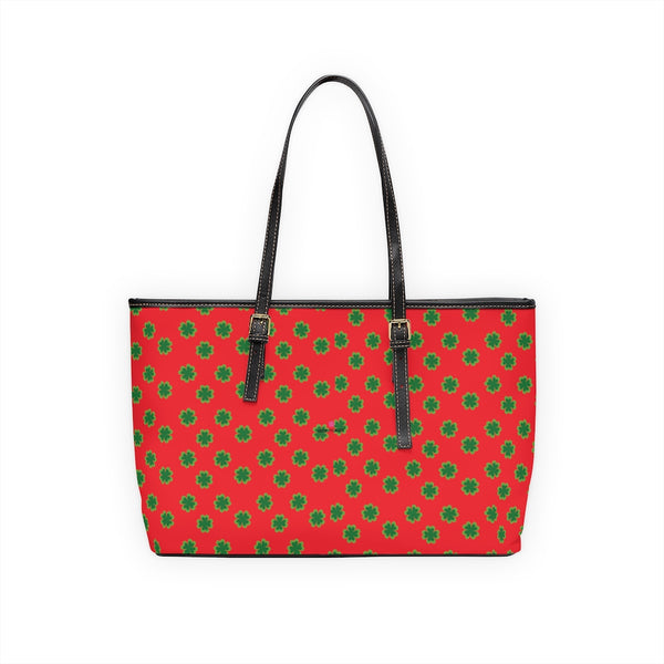 Red Green Clover Tote Bag, PU Leather Shoulder Hand Work Bag