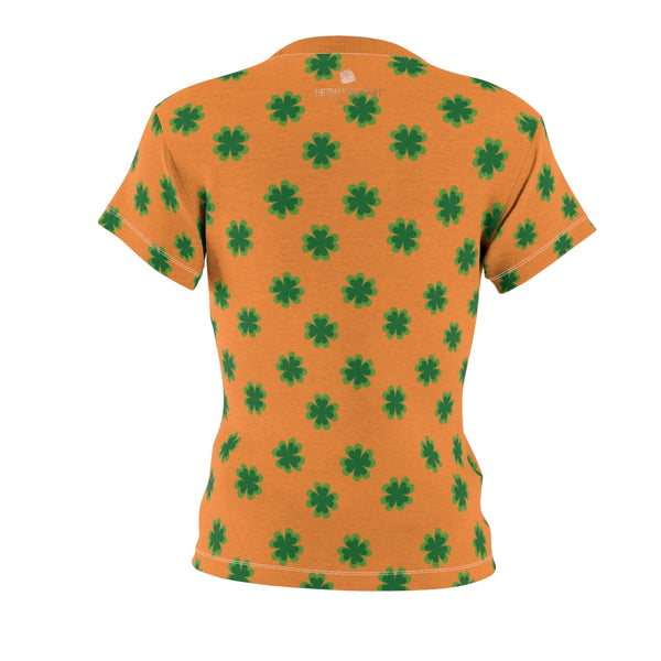 Orange Green Clover Print St. Patrick's Day Women's Premium Crewneck Tee- Made in USA-Women's T-Shirt-Heidi Kimura Art LLC