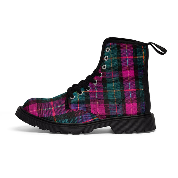 Pink Plaid Women's Canvas Boots, Pink & Green Scottish Style Plaid Print Designer Best Winter Boots For Women (US Size 6.5-11)