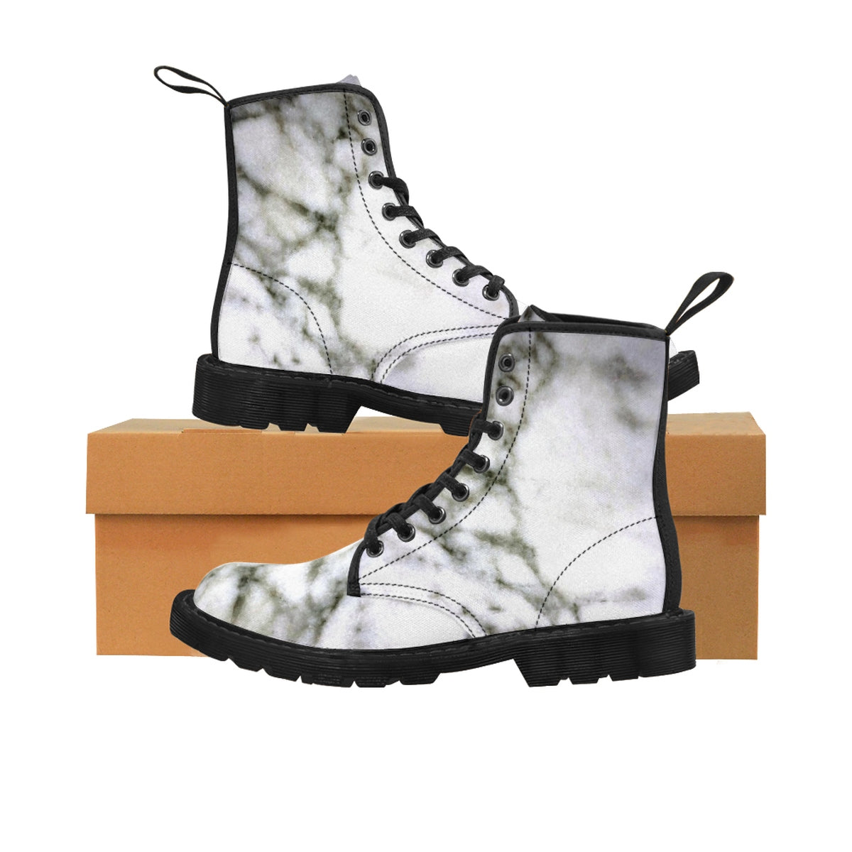 White Marble Print Designer Women's Canvas Lace-up Winter Boots Shoes (US Size: 6.5-11)-Women's Boots-Black-US 9-Heidi Kimura Art LLC White Marble Women's Boots, White Marble Print Designer Women's Canvas Lace-up Winter Hiking Boots Shoes (US Size: 6.5-11)