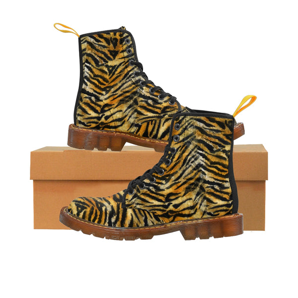 Orange Bengal Tiger Stripe Pattern Anti Heat + Moisture Designer Men's Winter Boots-Men's Boots-Brown-US 10-Heidi Kimura Art LLC