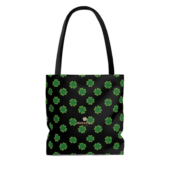 Black Green Clover Print Tote Bag, St. Patrick's Day Irish Style Square Bag- Made in USA-Tote Bag-Heidi Kimura Art LLC