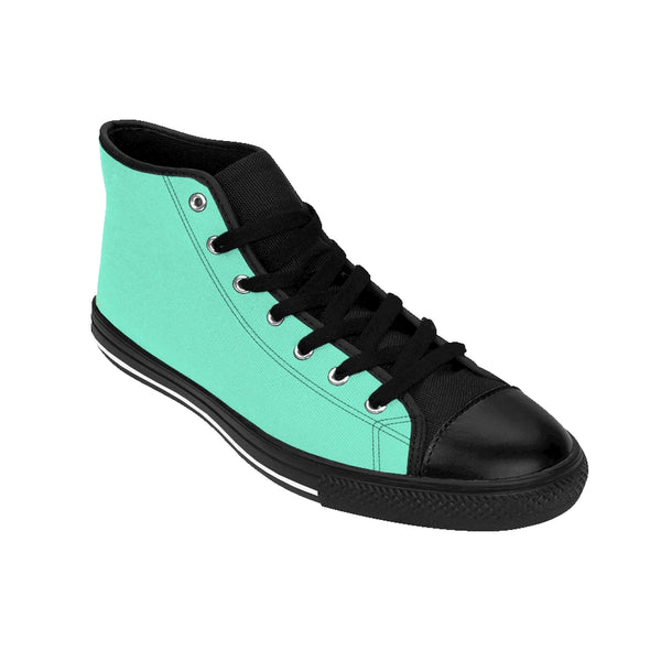Turquoise Blue Solid Color Print Premium Men's High-top Fashion Sneakers Footwear-Men's High Top Sneakers-Heidi Kimura Art LLC