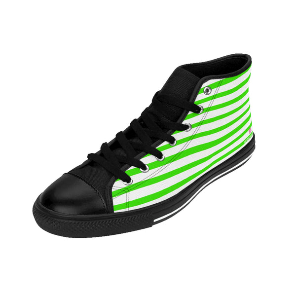 Green Striped Men's High-top Sneakers, Green White Modern Stripes Men's High Tops, High Top Striped Sneakers, Striped Casual Men's High Top For Sale, Fashionable Designer Men's Fashion High Top Sneakers, Tennis Running Shoes (US Size: 6-14)