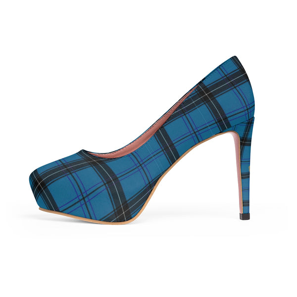 Light Blue Tartan Scottish Plaid Print Women's Platform Heels Pumps (US Size: 5-11)-4 inch Heels-Heidi Kimura Art LLC