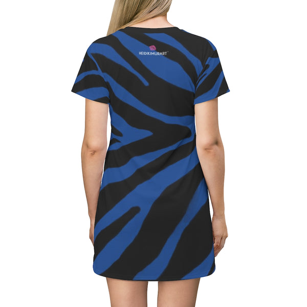 Navy Blue Zebra T-Shirt Dress, Navy Blue Zebra Animal Print Designer Crew Neck Women's Long Tee T-shirt Fashion Dress-Made in USA (US Size: XS-2XL)