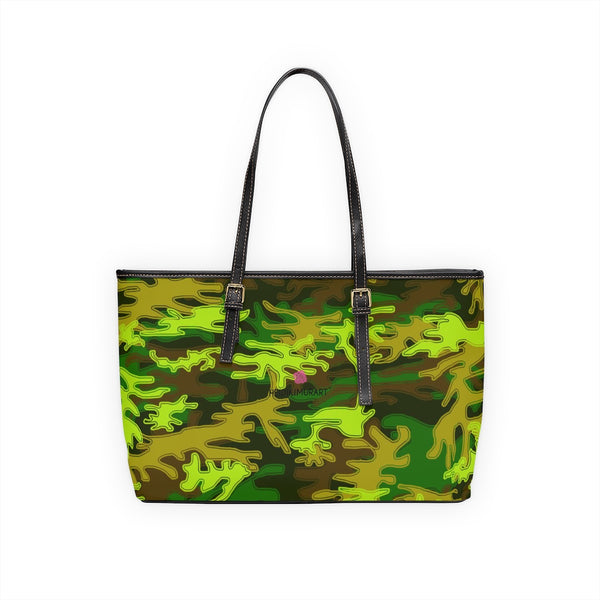 Green Camo Print Tote Bag, Best Stylish Camouflage Military Army Printed PU Leather Shoulder Large Spacious Durable Hand Work Bag 17"x11"/ 16"x10" With Gold-Color Zippers & Buckles & Mobile Phone Slots & Inner Pockets, All Day Large Tote Luxury Best Sleek and Sophisticated Cute Work Shoulder Bag For Women With Outside And Inner Zippers