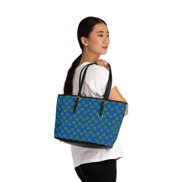 Blue Green Clovers Tote Bag, PU Leather Shoulder Hand Work Bag