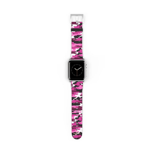 Pink White Camo Army Print 38mm/42mm Watch Band For Apple Watch- Made in USA-Watch Band-38 mm-Silver Matte-Heidi Kimura Art LLC